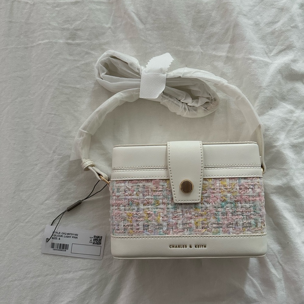 Charles & Keith Bronte Tweed Boxy Crossbody Bag - Light Pink